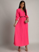 Elegant pleated maxi dress with a belt, neon pink 17160